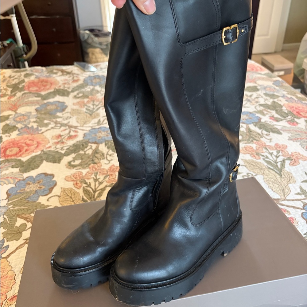 Sam Edelman Black Leather Combat Moto Boots with Gold Buckles